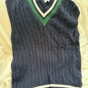 Uniqlo Navy Cable-Knit V-Neck Sweater Vest with Green and Cream Trim